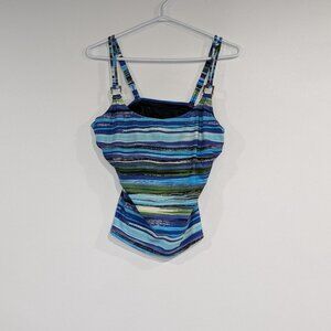 Christina Striped Printed Swin Top with Adjustable Straps Blue Size 10